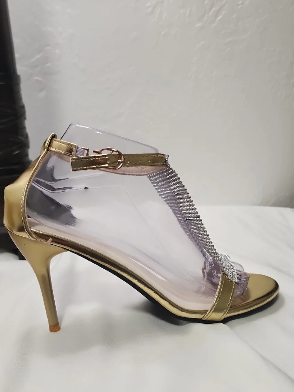 Gold Rhinestone Mesh Stiletto Sandals for Women